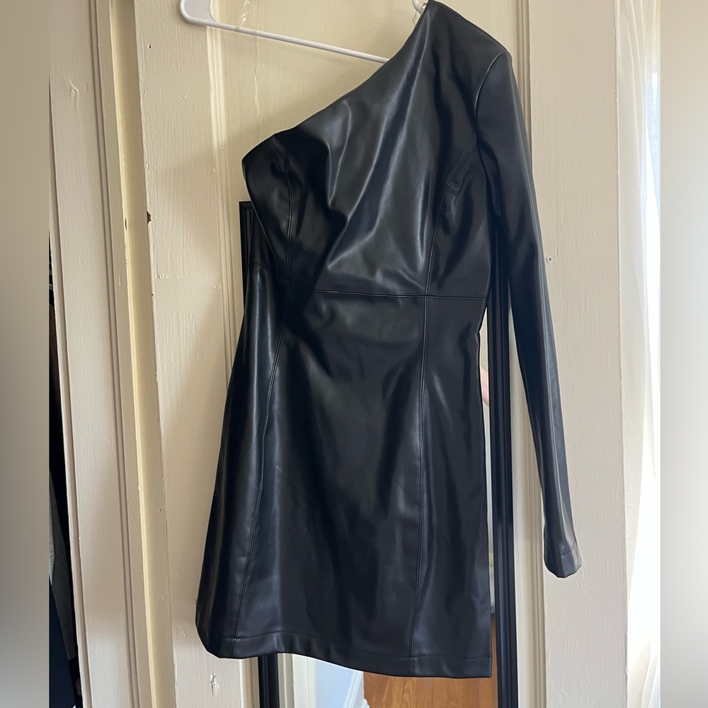 Black One-Shoulder Leather Dress
